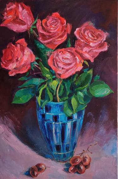 Roses in a Blue Vase thumb