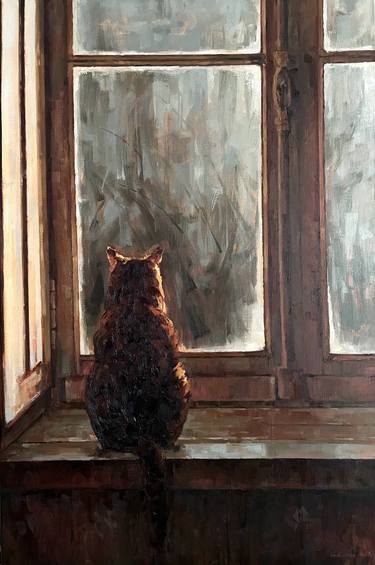 Windows to the garden. Oil painting with cat thumb