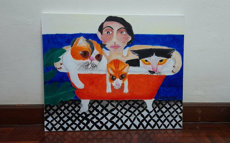 Original Fine Art Cats Painting by Tippawan Jumpankern