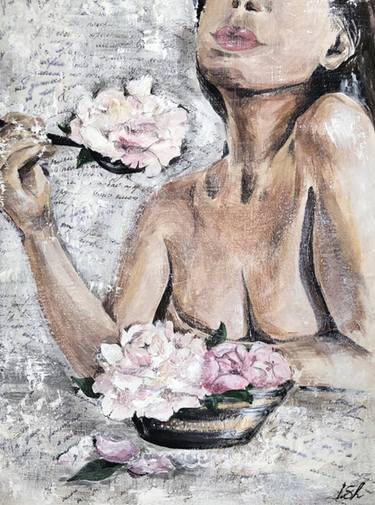 Portrait With Pions, flowers, woman pink lips, tender, for office and home, gift for woman thumb