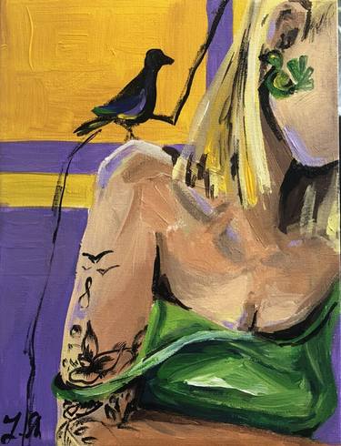 Woman and bird, blondе, very peri, green, small size thumb
