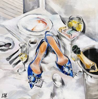 Wine in hotel and blue shoes, One-night stand, love and sex, white painting, pastel, decor for home thumb