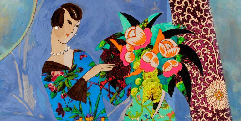 Original Art Deco Floral Mixed Media by Mary Ness