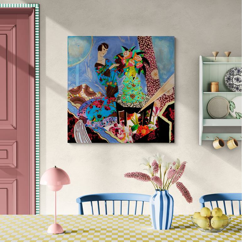 Original Art Deco Floral Mixed Media by Mary Ness