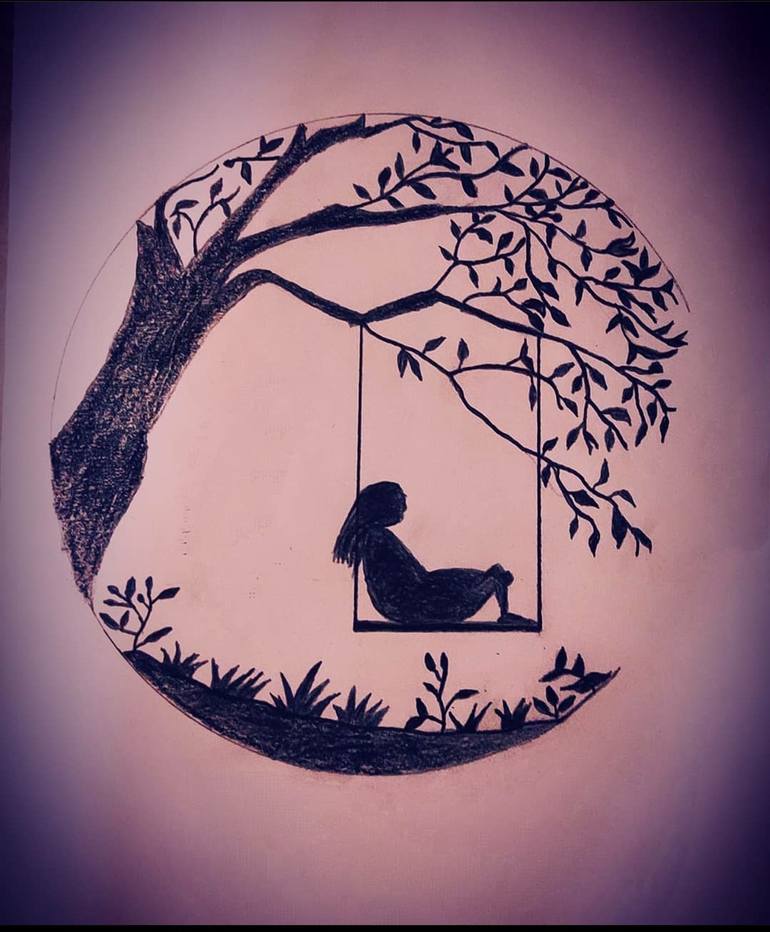 Swinging girl in nature Drawing by Manav Jain