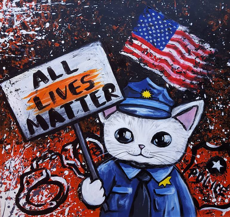 All Lives Matter Original Acrylic Painting White Cat Politics Police American Flag Handcuffs Gift Idea Wall Art Home Decor Blue Black By Maretta Elsalieva Saatchi - Police Flag Wall Decor