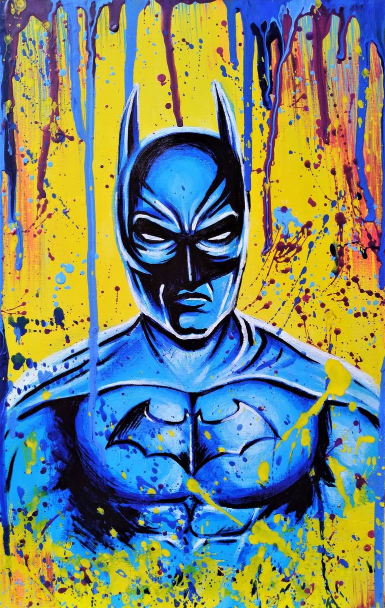 BATMAN - original acrylic painting, dc comic, colorful art, comic book  character, menacing, street pop art, gift idea, home decor, wall art, blue,  yellow Painting by Maretta Elsalieva | Saatchi Art
