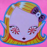 STRANGE CREATURE №5 - original acrylic painting, pop surreal, big eyes, candy, yellow, small artwork, bright, yummy, delicious, lolly, desert, sweet, cute girl, colorful home decor, pink wall art by Maretta Elsalieva