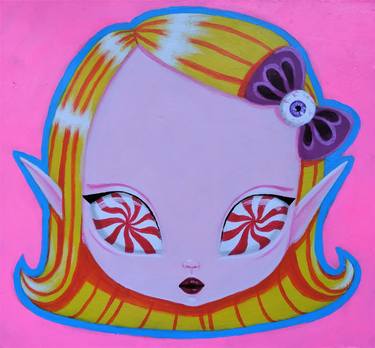 STRANGE CREATURE №5 - original acrylic painting, pop surreal, big eyes, candy, yellow, small artwork, bright, yummy, delicious, lolly, desert, sweet, cute girl, colorful home decor, pink wall art thumb