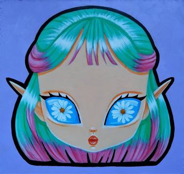 STRANGE CREATURE №6 - original acrylic painting, pop surreal, big eyes, small artwork, bright, sweet, cute girl, colorful home decor, purple wall art thumb