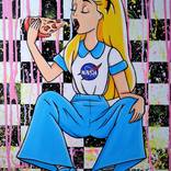ALICE - original acrylic painting, chess board, pizza, girl and food, cool, nasa, street art, cartoon, sneakers, wall art, gift idea, girls room decor, blue, yellow, pink by Maretta Elsalieva