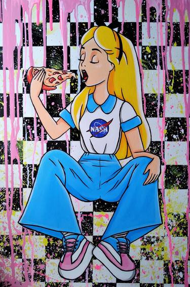 ALICE - original acrylic painting, chess board, pizza, girl and food, cool, nasa, street art, cartoon, sneakers, wall art, gift idea, girls room decor, blue, yellow, pink thumb