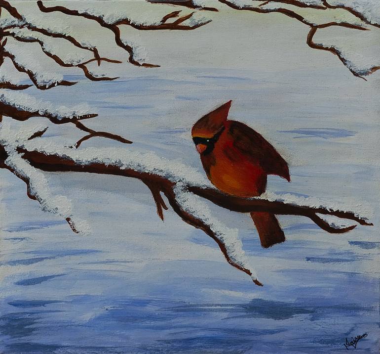 Cardinal bird in winter snow Painting by saira rashid | Saatchi Art