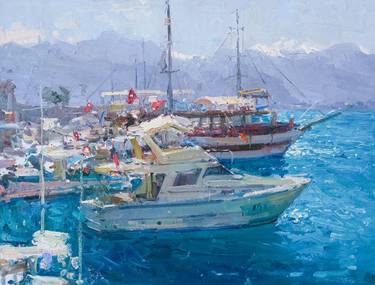BOATS PAINTING ORIGINAL OIL PAINTING ON CANVAS BY TAALAY thumb