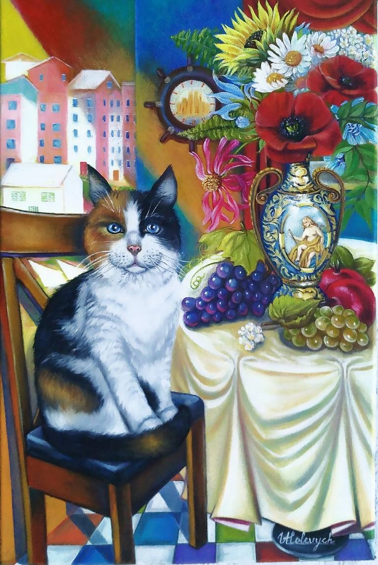 La gatta e fiori Painting by Ulyana Holevych | Saatchi Art India