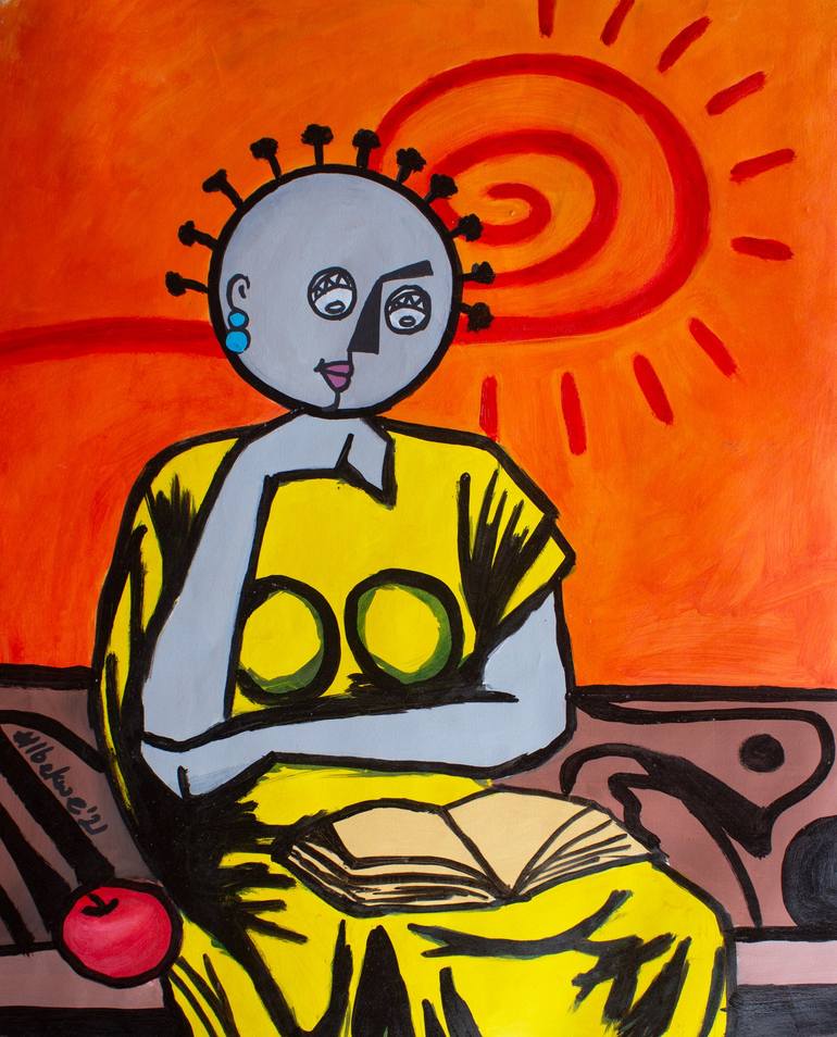 Young girl on yellow dress reading Painting by Ugonna Ibekwe Saatchi Art