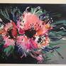 Vibrant original floral abstract painting 'Flower Power' by Judy Century hanging on a white wall