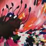 Close up to show brush marks and details on colourful abstract 'Flower Power' painting by Judy Century