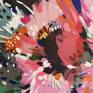 Close up to show brush marks and details on colourful abstract 'Flower Power' painting by Judy Century