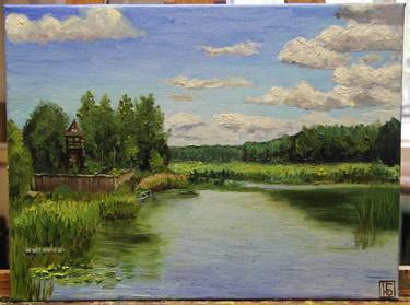 Oil painting on canvas "Landscape, 19 century" 2020, Landscape, Lake, Pond, House, Church thumb