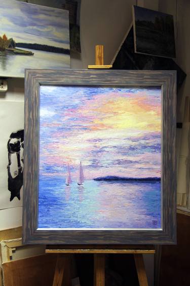 Oil painting on canvas "The Tenderness" (2020), Seascape, Sailboat, Sunset, Sky thumb