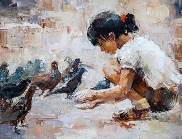 Girl and pigeons thumb