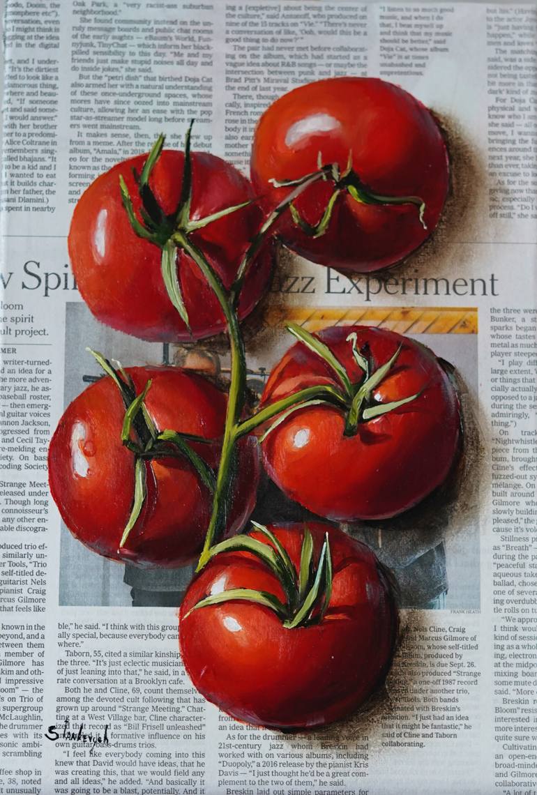 Tomatoes on Newspaper Painting by Juli Stankevych | Saatchi Art