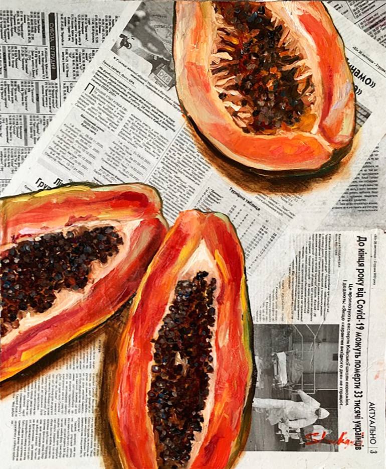 Papaya on newspaper original oil painting on newspaper pop art