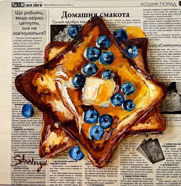 French toast painting  Original oil painting Blueberry painting Newspaper art thumb