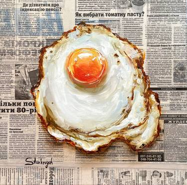 Saatchi Art Artist Juli Stankevych; Painting, “Fried Egg painting Original oil painting Newspaper art Fried egg Breakfast painting” #art