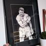 Original hand made artwork.

This painting was made on thick white paper 9,45 x 12,6 inch (24 x 32 cm) format.
A4 picture mount of 19.7 x 15,7 inch (30 x 40 cm). 
I sell it with its black frame.
I used  black ballpoint pen for the subject, black acrylic for the background, and a golden felt pen for the boxing ring.