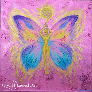 Butterfly Acrylic Painting,Rainbow fairy girl butterfly,energy picture for transformation,new age painting,yoga room,picture in the nursery thumb