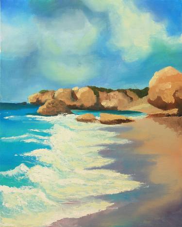 "Coast 02" original colorful oil painting, turquose sea, calm ocean, maldives, beige sand thumb