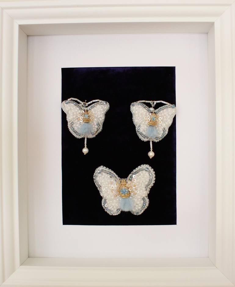 White-blue Butterfly, Brooch and Earrings. - Limited Edition of 1 Artwork - Print