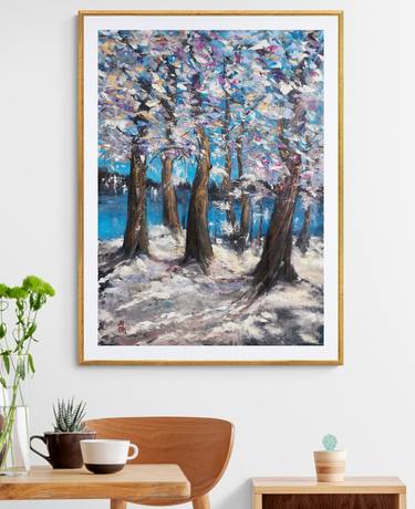 Snow in the forest, Premonition of Spring, blue and white landscape thumb