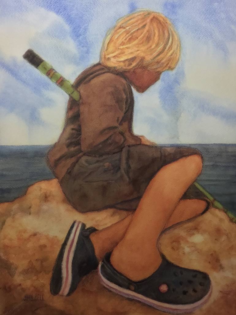 Boy Fishing From A Boulder Painting by John Bell