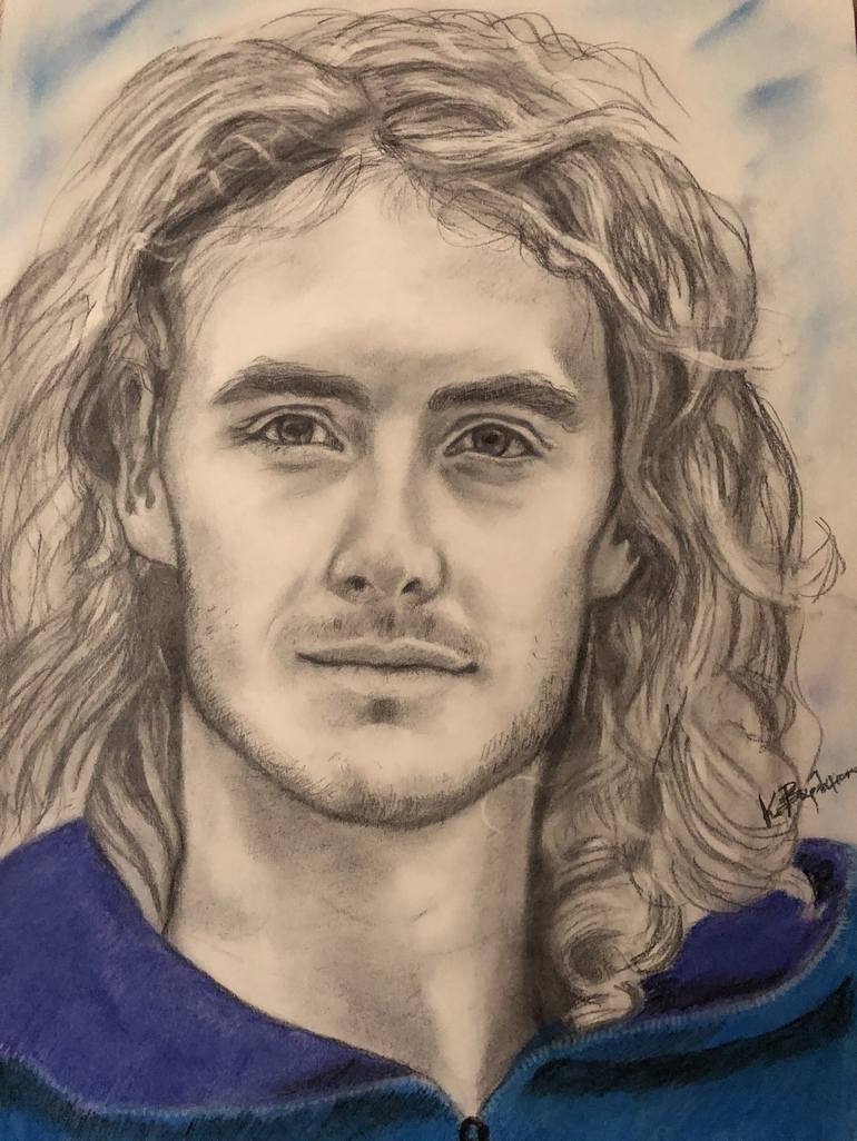 Original People Drawing by Kalliope Varlamiti | Figurative Art on Paper | Stefanos Tsitsipas, the young prince of tennis
