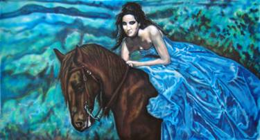 Girl in a blue dress on a horse thumb