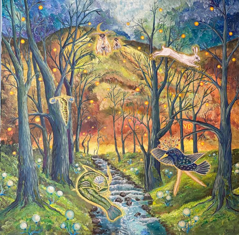 Magical Animals at the enchanted forest Painting by Valery Danko