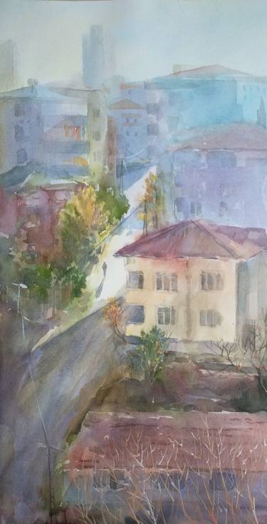 Istanbul street view from the window, Watercolor painting thumb