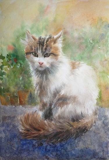 Standing cat in watercolor on paper,Istanbul cat,Animal art thumb