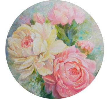 Pink Peonies Round Oil Painting on Canvas, Flower Painting thumb