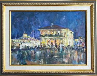 Night landscape in oil,Kadikoy in Istanbul,Plein air painting thumb