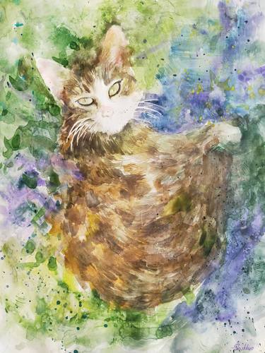 Painting a sleepy cat with watercolor on paper. thumb