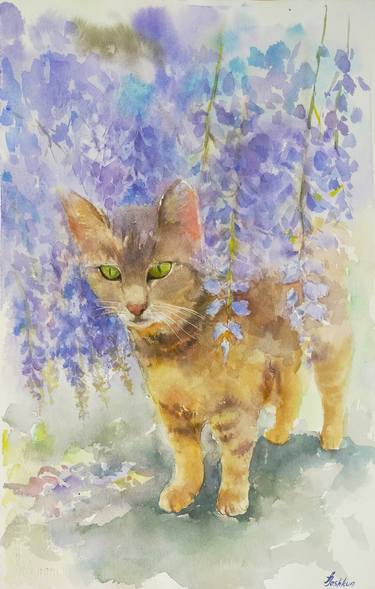 Cat watercolor painting,Wisteria Cat, Red Cat thumb