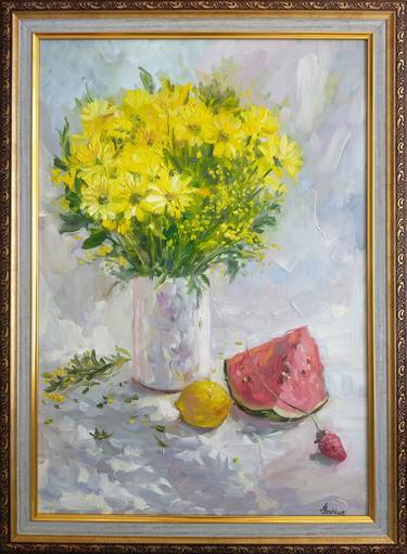 Yellow flowers and watermelon oil painting from nature,Still life thumb