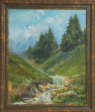 Mountains with waterfall oil painting,Plein air in Kazakhstan thumb