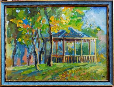 Autumn landscape in the park with a gazebo acrylic painting thumb
