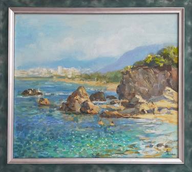 Turquoise coast in Alanya, Seascape with rocks, Oil on cardboard thumb