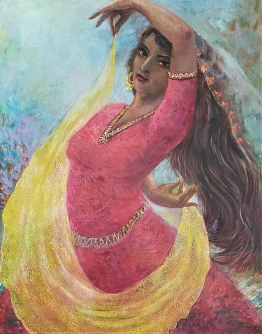 Girl in red original oil painting,Beautiful gypsy girl dancing thumb